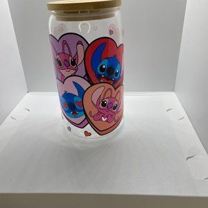 Stitch and Angel 16 oz Glass Cup with lid and Straw